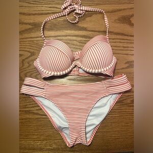 Shade & Shore Red and White Stripped Bikini 2 Piece Set